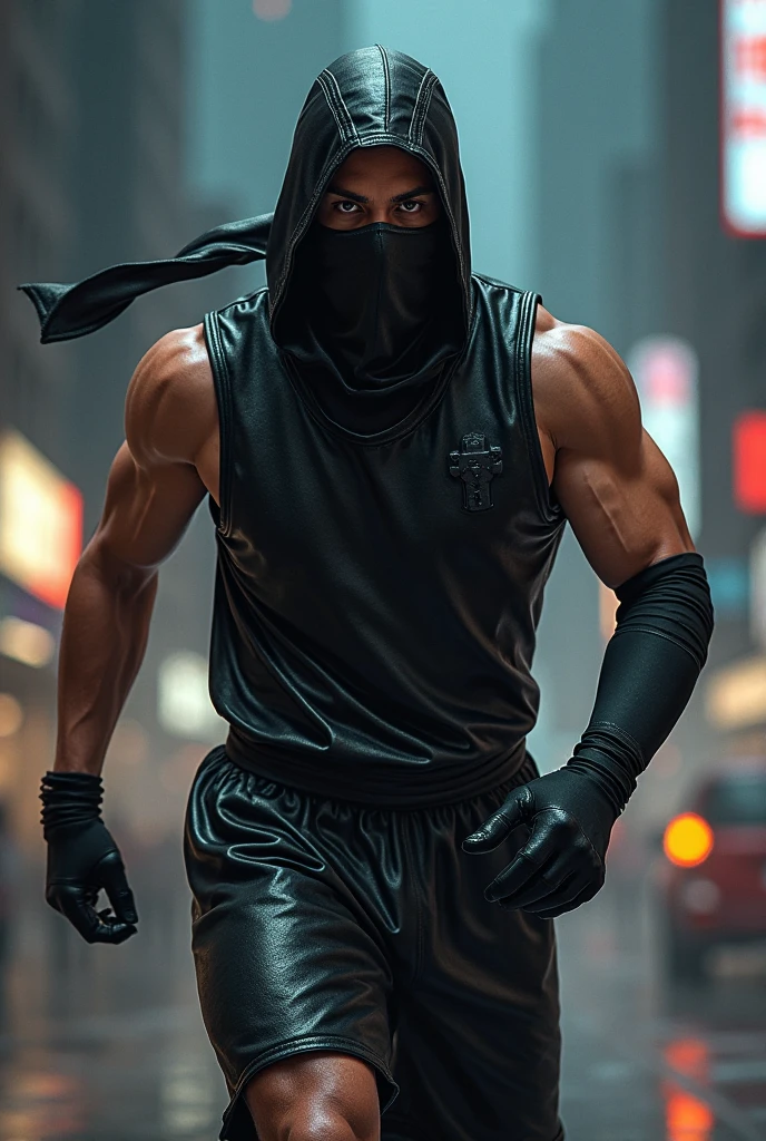Japanese ninja training shirtless with just a balaclava with other ninjas
