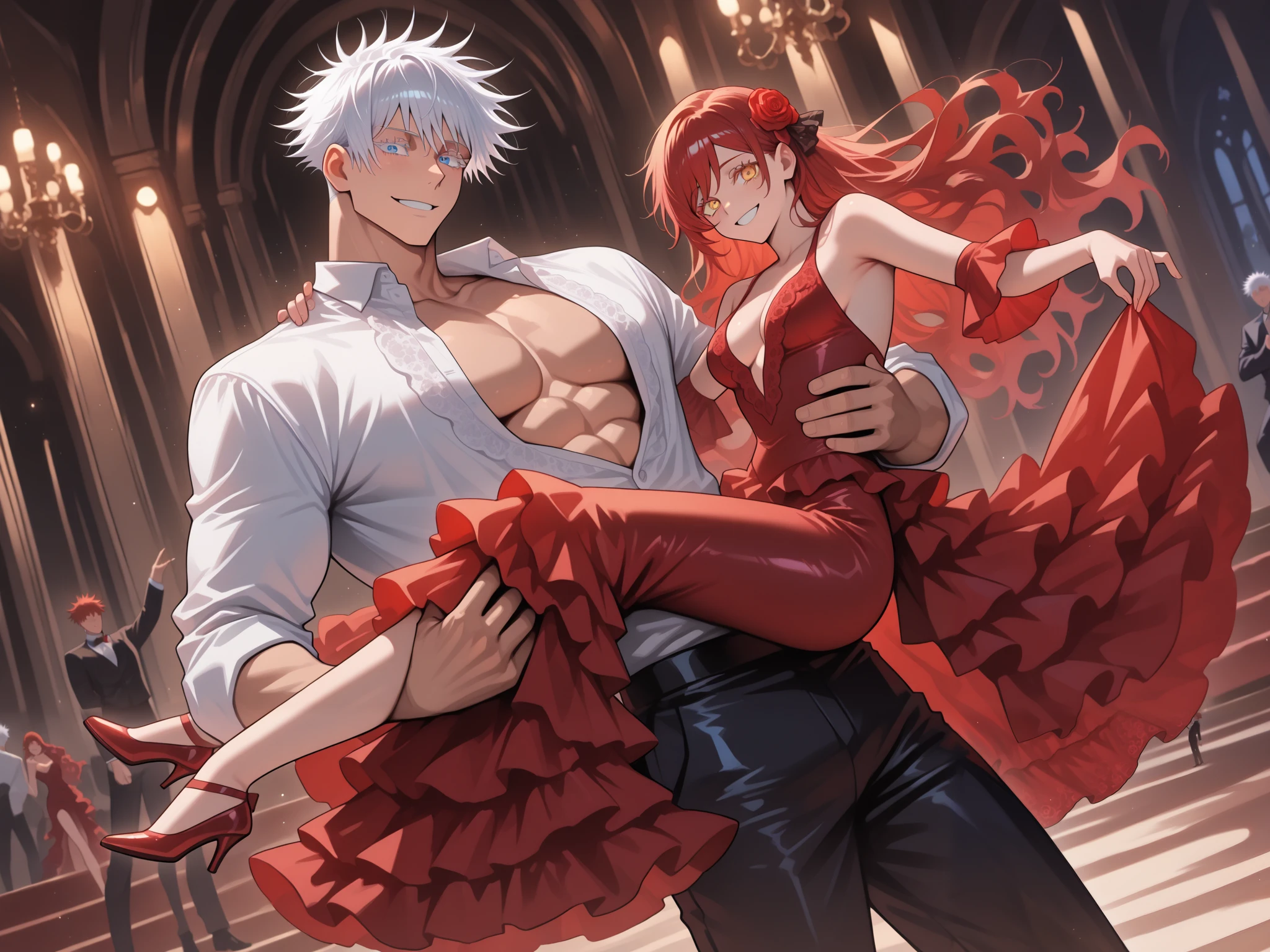 1 man, male focus, Gojo Satoru, Jujutsu Kaisen, white hair, short hair, blue eyes, colored eyelashes, sexy man, handsome, muscular, trained body, black suit, white shirt, open shirt jacket, flamenco outfit BREAK 1 girl, Ryu Shana, golden eyes, red hair, very long hair, wavy hair, (medium breasts), very cute, elegant flamenco dancer, red flamenco dress, red rose in hair, hair ornament BREAK duo focus, couple, hetero, smile, (size difference, height difference), romantic, dynamic, flamenco dancer, dancing together, dynamic dance pose BREAK masterpiece, best quality, very aesthetic, absurd, latest, cinematic, cinematic lighting, cinematic shadows, cinematic composition, anime coloring, anime screenshot of jujutsu kaisen, hyper-detailed, clear eyes, perfect eyes, perfect anatomy,