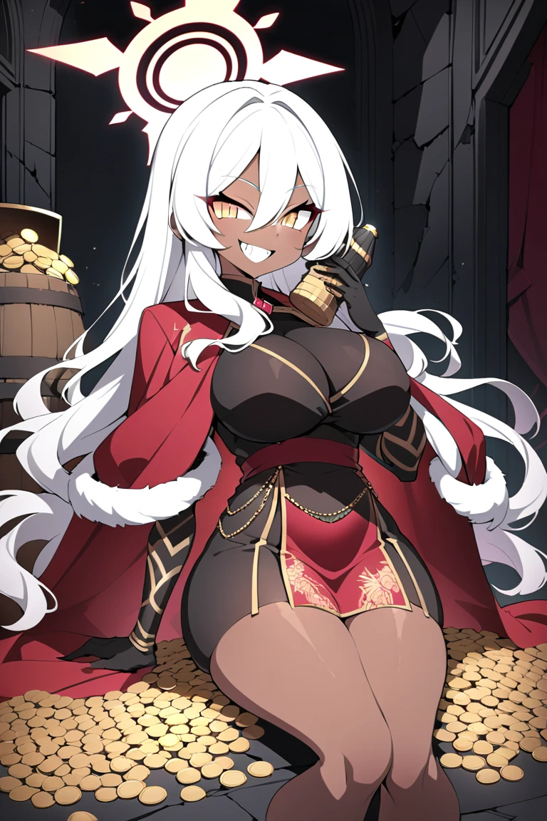 A Gray Dwarven Female Barbarian with White hair and Red eyes