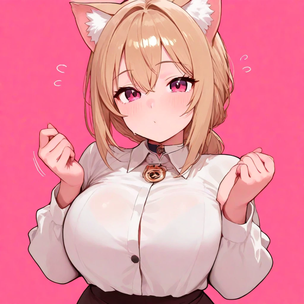 ((masterpiece, best quality)), high resolution,ultra detailed,8k,16k,detailed background, perfect lighting,detailed beautiful eyes, 1girl,nsfw,embarrassed,blush,steam,sweat,in heat,look at viewer,face focus,(front view:1.2),upper_body,provocative eyes,happy smile,arms up,fisheye lens,(pov:1.4),1boy,(grab breast,hetero:1.3),be breathless,confused,slender,short stature,slender,pale skin,small breast,twin braids,medium hair, blond hair,pink eyes,momoi (blue archive),cat ears,white shirt