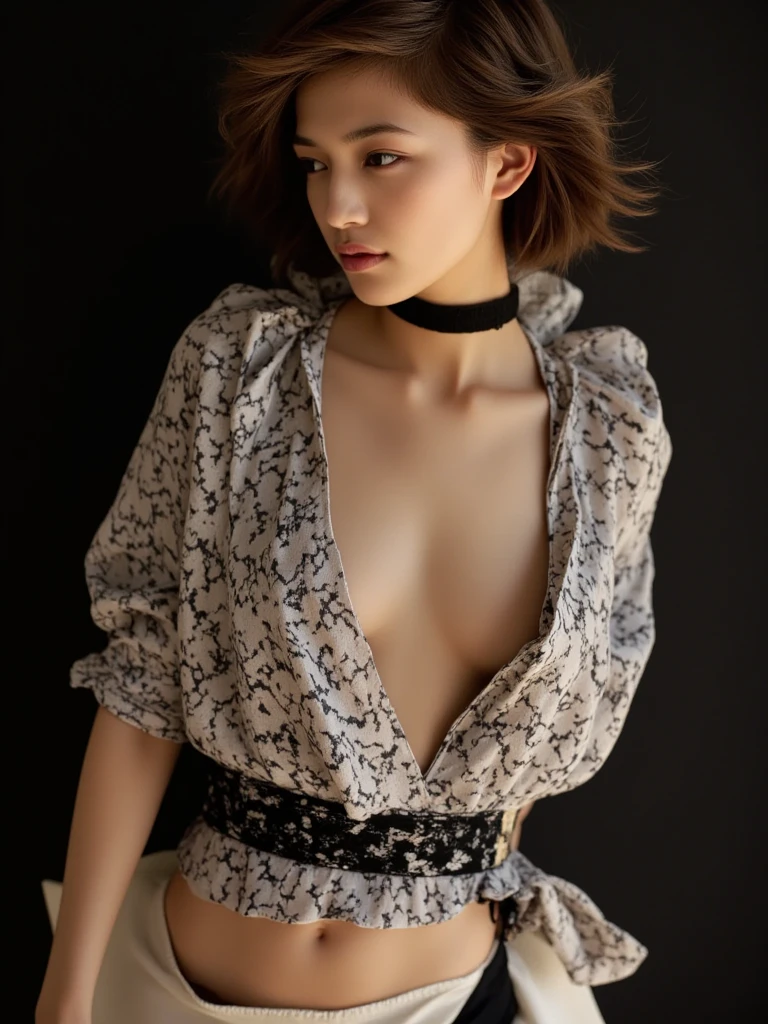 masterpiece:1.2), (highest quality), (Looks like a whole body:1.3) ,(super detailed), (8K, Complex), (lens 135mm,F1.8), (realistic)(black background:1.3), portrait photography,(dynamic pose),side lighting,edge lights up,best shadow,Area light source,perfect anatomy,perfect face shape,perfect for women,finest female body,Improves skin texture,fine cloth pattern,precise beauty,delicate and delicate skin,highly detailed skin,pale skin,delicate hair,glowing skin,highest quality, Realistic, 8K, KHD, 1 girl, female pervert, (Looks like a whole body:1.3),Medium chest,visible nipples, without pants, white panties,The skirt is pulled up boldly, ((sit on a chair,legs open)), bend your knees and open your legs,short hair,Grab your knees with your hands and open your legs,No jacket,small breasts,I don't need a skirt,beautiful face
