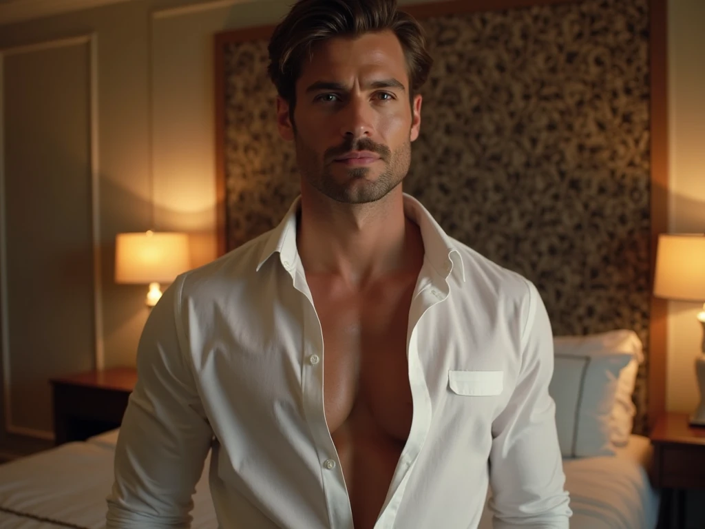 Jamie Dornan shirtless, with pants, with a cup of coffee, looking out of a window.