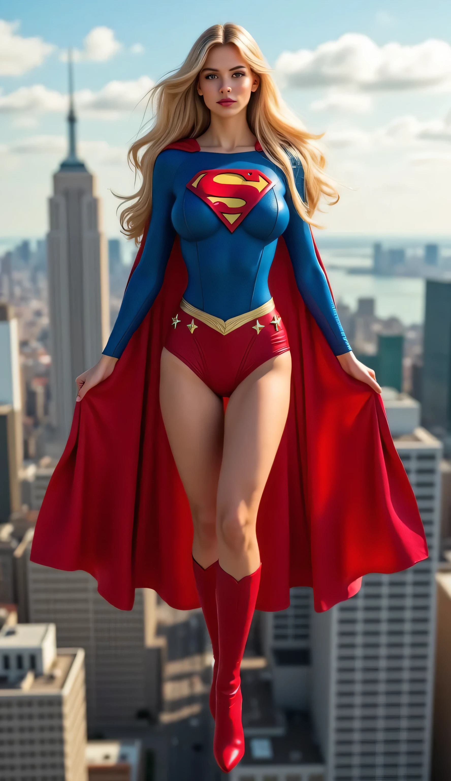 (masterpiece), realistic, blonde, slim, 7 foot tall, long hair, massive , round breasts, wide hips, big butt, thick thighs, superman costume, dressed as Superman, mini skirt, red cape, S symbol in her chest, seductive expression, in a city, zoomed out, floating, hovering, flying stance, flying over the city