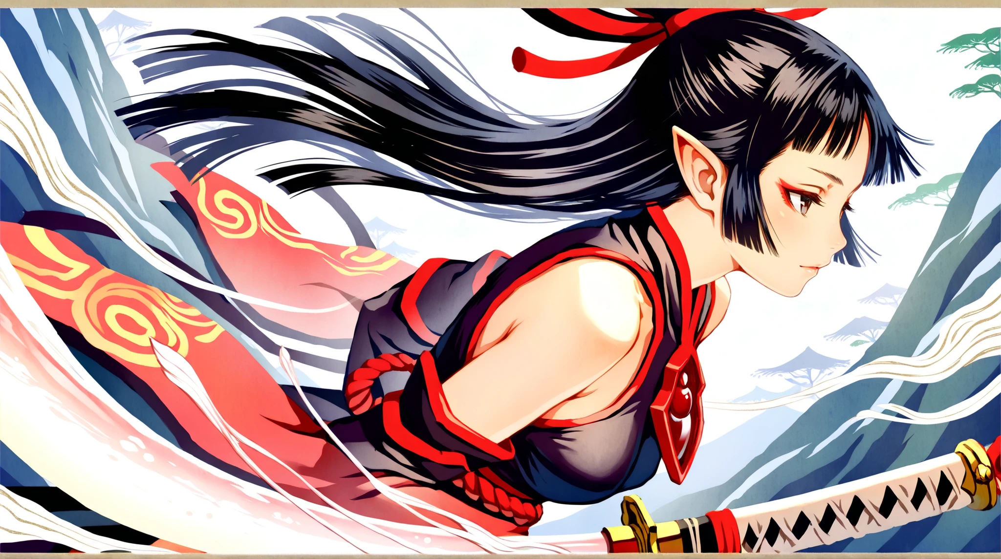 ((best quality)),( super high resolution ),(very well detailed),(Detailed Explanation),(( best CG )),(masterpiece),super detailed art,amazing painting art,(Japanese-style fantasy art with delicate details:1.5), female, beautiful and well-groomed face, witch costume, armor, shimenawa belt, Crimson Sprout, White honeycomb, glossy black hair, Naginata, Wind Blade, mysterious, Solemn,