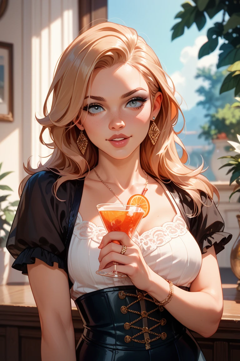 (8K, RAW photos, best quality, masterpiece:1.2), (realistic, photo-realistic:1.3)、((1 woman)), 20 year old Japanese woman with a beautiful face.、hair is gray、Eye color is dark blue, smile, high definition face, Curly short hair, (((Drinking beer at a beach cafe.)), (((pink short sweetheart neck, She's wearing a white skinny outfit and turns around to show her butt..))), glowing skin, photometry, (((slim body))), Vivid colors,