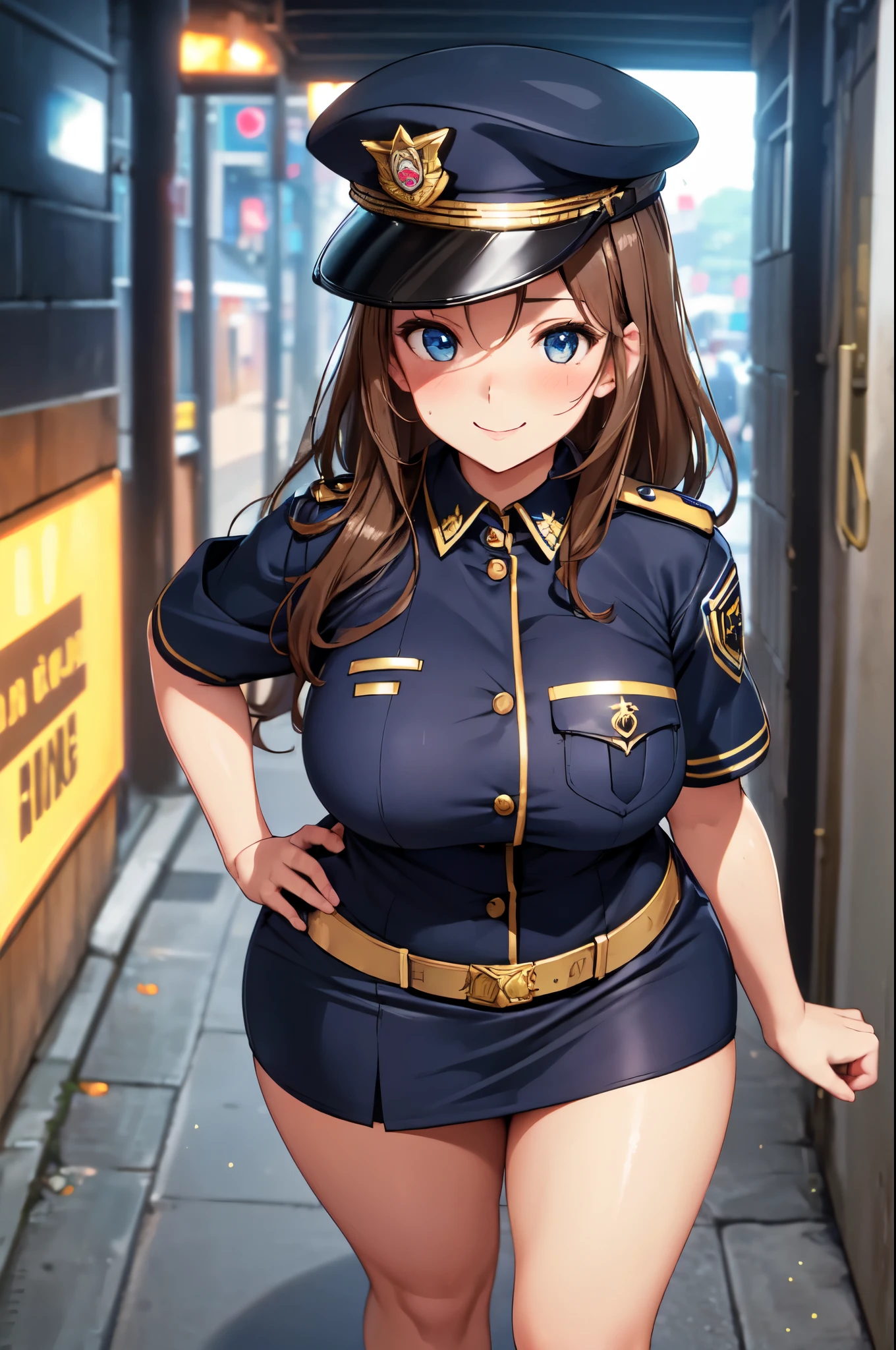 (top-quality: 1.3), (masterpiece: 1.3), (Super Detail: 1.3), (wall-paper, one girls: 1.1)、(Detailed hands and fingers:1.2)、(Detailed ultra-oily shiny skin:1.1)、(police officer uniform:1.4)、(Light blue buttoned shirt:1.4)、Black tie、(Black miniskirt:1.2)、(Raw feet:1.3),Red panties、Red hair、Longhaire、Straight hair、Beautiful sister、(ssmile:1.3)、(Street Trees:1.2)、(Beautiful Large Breasts:1.3) 、sexypose、is standing