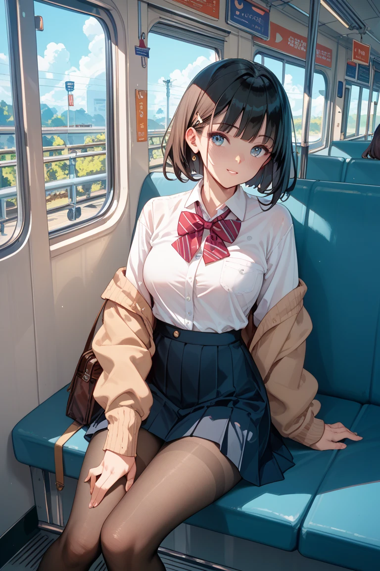 1girl,、baby face、black hair、Medium hair、on the train、sit on the seat、real face、(skirt lift:1.4),Lace panties,show off your panties、detailed underwear、detailed face、mischievous face、blush、