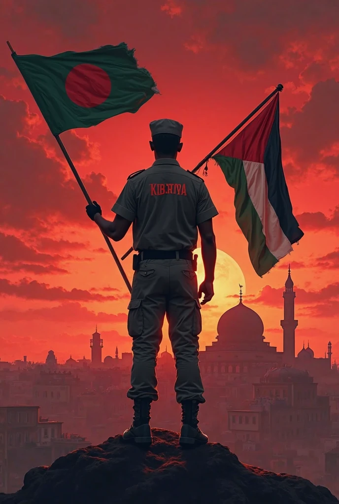 A soldier With Shirt back name Moosa Erect Pakistan 🇵🇰 flag _ and Palestine🇦🇪 flag together on Masjid Al Aqsa in red cloud evening with weapons