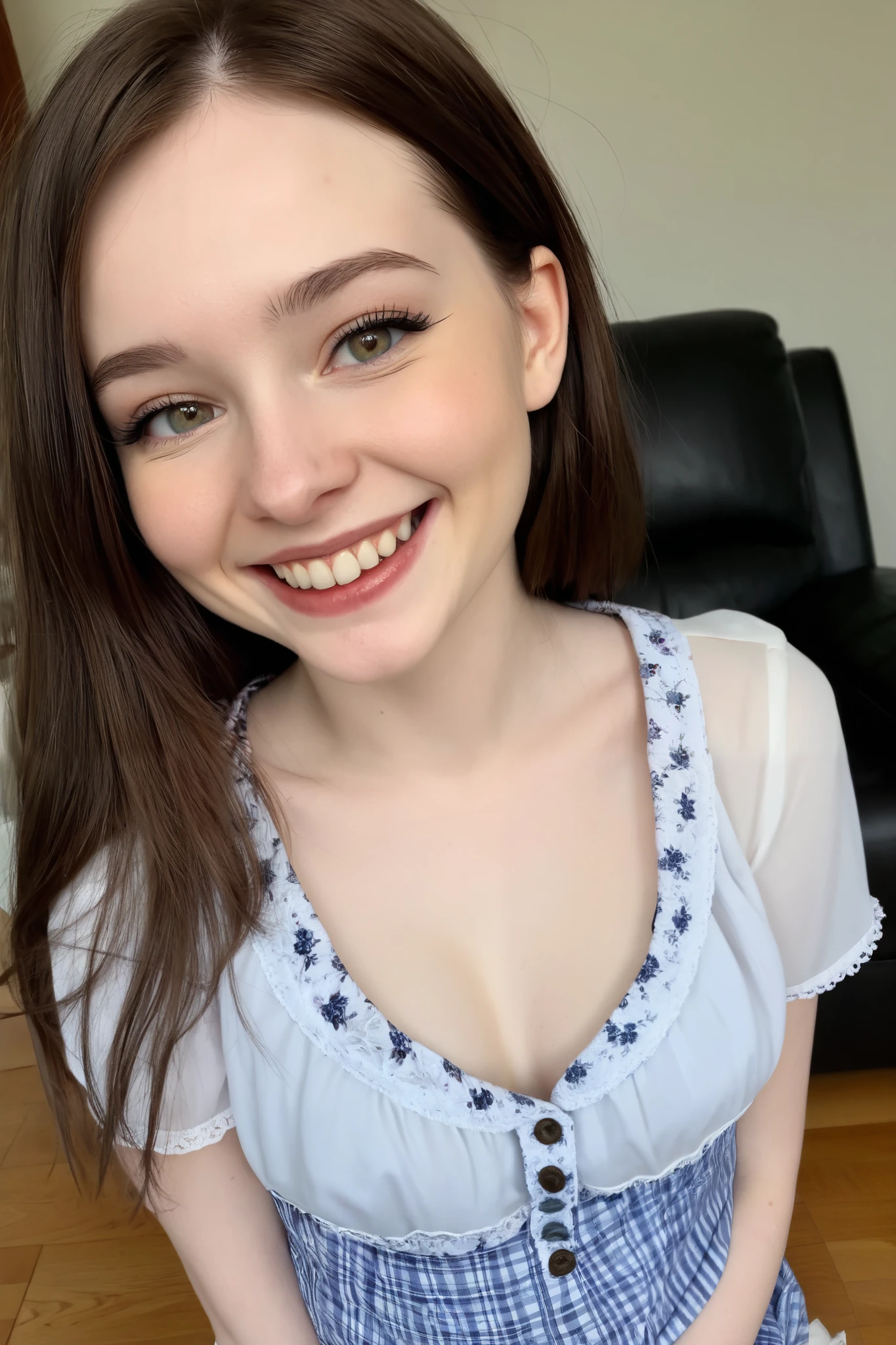 My dead 22 year old brunette summoned Moldovan sister Budeci looks at me after I tried to annoy her,pale skin.she has a plan and is smirking wearing clothes.looking at me being happy and very excited because I am all hers and I am cute