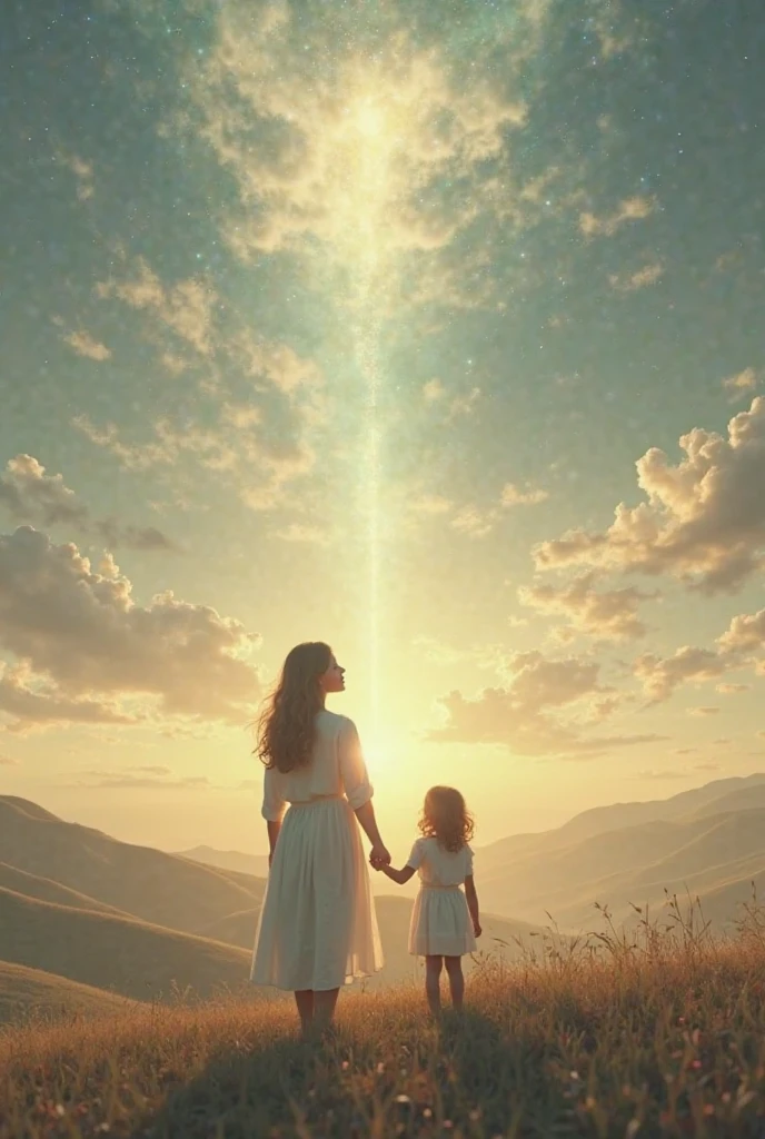 Uma foto de paisagem ampla (vista de baixo, The sky is above and the open field is below), Mother and daughter standing in a field of flowers looking up (lua cheia: 1,2), (meteoro: 0,9), (nebulosa: 1,3 ), montanhas distantes , Árvores BREAK Crafting Art, (Luz Quente: 1.2), (Vaga-lume: 1.2), Luzes, Muito Roxo e Laranja, Detalhes Intrincados, volumetric lighting BREAK (Obra-prima: 1.2), (Melhor Qualidade), 4k, Ultra Detalhado, (dynamic compositing: 1.4), Rico em Detalhes e Cor, (rainbow color: 1.2), (Brilho, Atmospheric Illumination), Sonhador, magica, (Solo: 1.2)