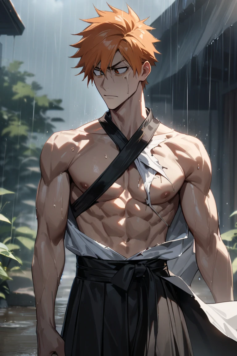 Japanese cartoons,1 boy, male focus, Kurosaki Ichigo, bleach, Also available in black, God damn Zhanyue (for bank), torn clothes, outdoor, rain, chest muscles, (masterpiece), (best quality), (Super detailed), very aesthetic, illustration, disheveled hair, perfect composition, hydrated skin, intricate details,