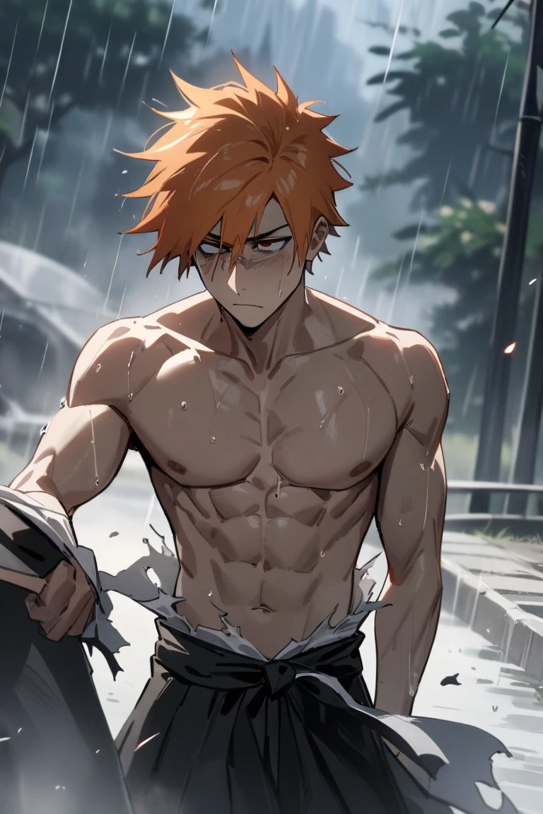 1boy, solo, male focus, looking at viewer, a young handsome muscular boy, male model, kirishima eijiro, red eyes, red hair, large detailed eyes, detailed face, smooth hair, detailed skin, tiny thong, shirtless, pantless, bulge, huge bulge, huge nipples, dark nipples, protruding nipples, huge muscle, blushing, intimidating, glowering, confident, focus, furrowed eyebrows, grinning, white sharp teeth, smug, sweating, training, practicing martial arts, punching, raw power, raw strength, outdoors, various poses, aesthetics, perfect hands, ansatsu kyoushitsu artstyle, sexy and cute