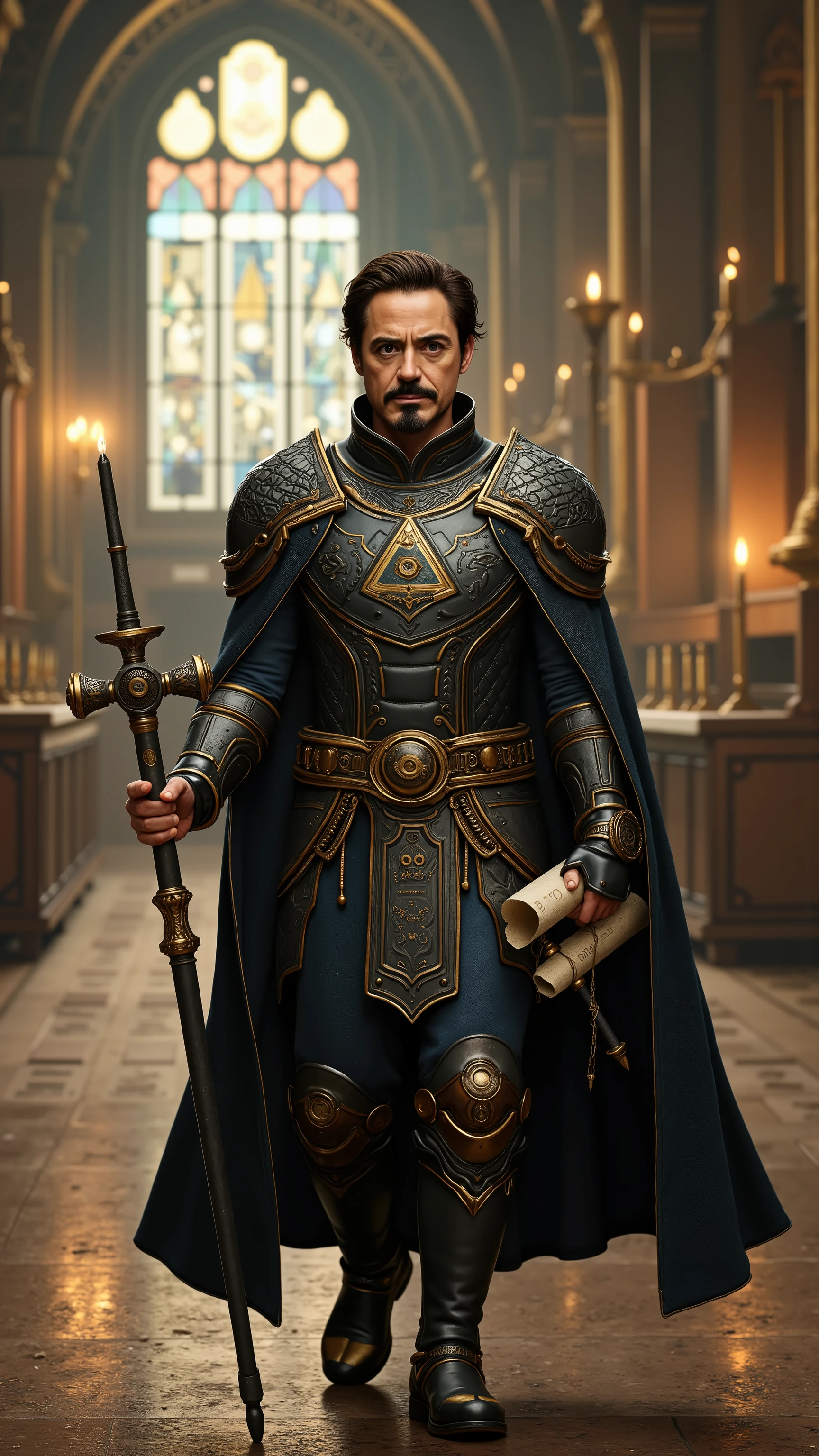 Robert Downey Jr. reimagined as the embodiment of Technocracy in the form of a refined and brilliant medieval knight-engineer, walking through a grand hall of gears, scrolls, and invention, dramatic atmosphere, 1 male
Neatly styled dark hair with streaks of silver, crowned with a brass circlet embedded with tiny cogs, compass symbols, and alchemical glyphs. His sharp, focused eyes glint with analytical thought and unwavering precision.
He wears deep steel-blue armor with bronze accents, elegantly engraved with constellations, gearwork, and formulas. His breastplate displays an emblem of a triangle enclosing an eye and gear — the seal of mastery through knowledge. A long dark coat lined with copper thread flows behind him, fastened with clasps shaped like astrolabes.
In his right hand, he holds a long iron staff topped with a rotating mechanism of gears and orbs. In his left, a rolled blueprint sealed with wax and gold thread. His gauntlets are etched with coded runes, and his belt carries tools of both science and war — calipers, lenses, and a dagger with etched digits.
His stance is relaxed yet intellectually commanding, like a strategist whose mind is sharper than any blade.
The background reveals a vast chamber of stone and brass, with observatory domes, candle-lit diagrams, mechanical models, and apprentices sketching on parchment. Golden rays of sunlight pour through stained-glass windows filled with geometric motifs and inventions. Scrolls line the walls like a library of law and logic.
Shows his full figure, wise and refined male stance, intelligent and confident facial features, full body, elegant aura, ideal technocratic knight-scholar
Photorealistic, masterpiece, realistic, high contrast, 8k, HD, high definition detailed, hyper detailed, realistic skin texture, best quality, ultra high resolution, hyper realistic, no text, very detailed eyes, dramatic lighting