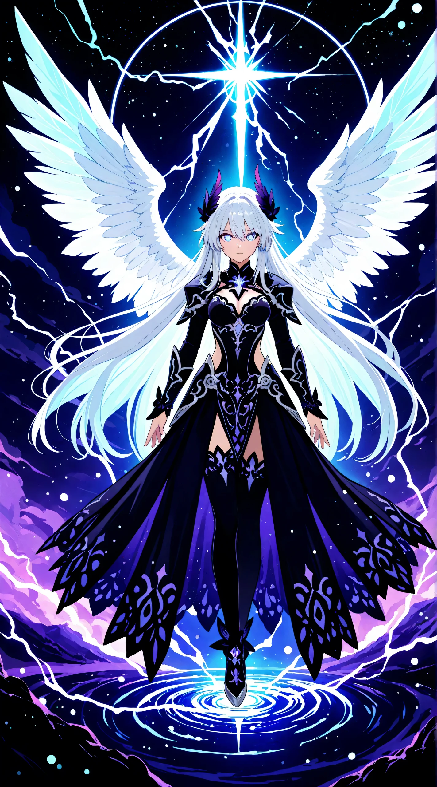 Masterpiece, Best Quality, Top Quality, Very Detailed, 1 girl, A celestial valkyrie with long silver hair, glowing violet eyes, and intricate battle armor adorned with dark flowers and ethereal gemstones. She floats gracefully above a glowing cosmic battlefield, her transparent crystalline wings radiating energy as vibrant streaks of purple and blue lightning illuminate the starry void. The vast expanse of space and a luminous planet serve as the backdrop, giving the scene a divine and otherworldly atmosphere. The artwork is ultra-detailed, blending anime-style fantasy with a touch of futuristic elegance.