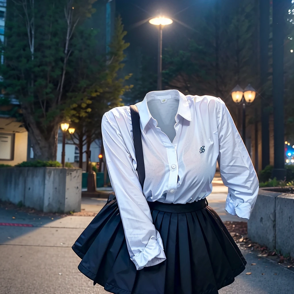 hyper realistic, ((no humans)), school uniform, huge breasts, (empty clothes), invisible girl