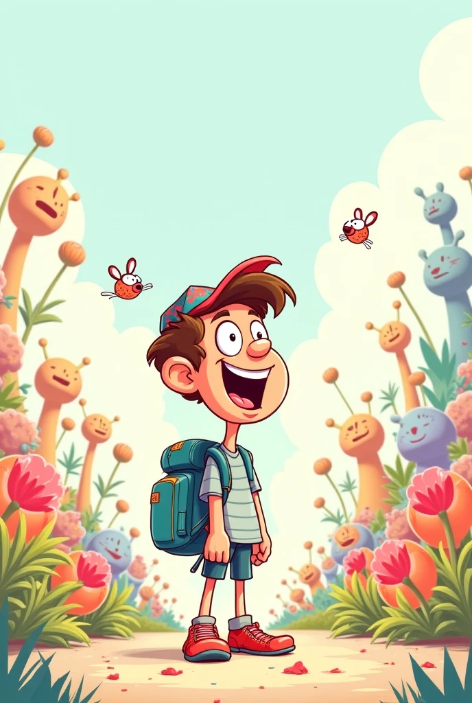 a male character, cartoon, smoking cannabis, wearing a cap and backpack. with a red eyes. In a garden of cannabis and mushrooms