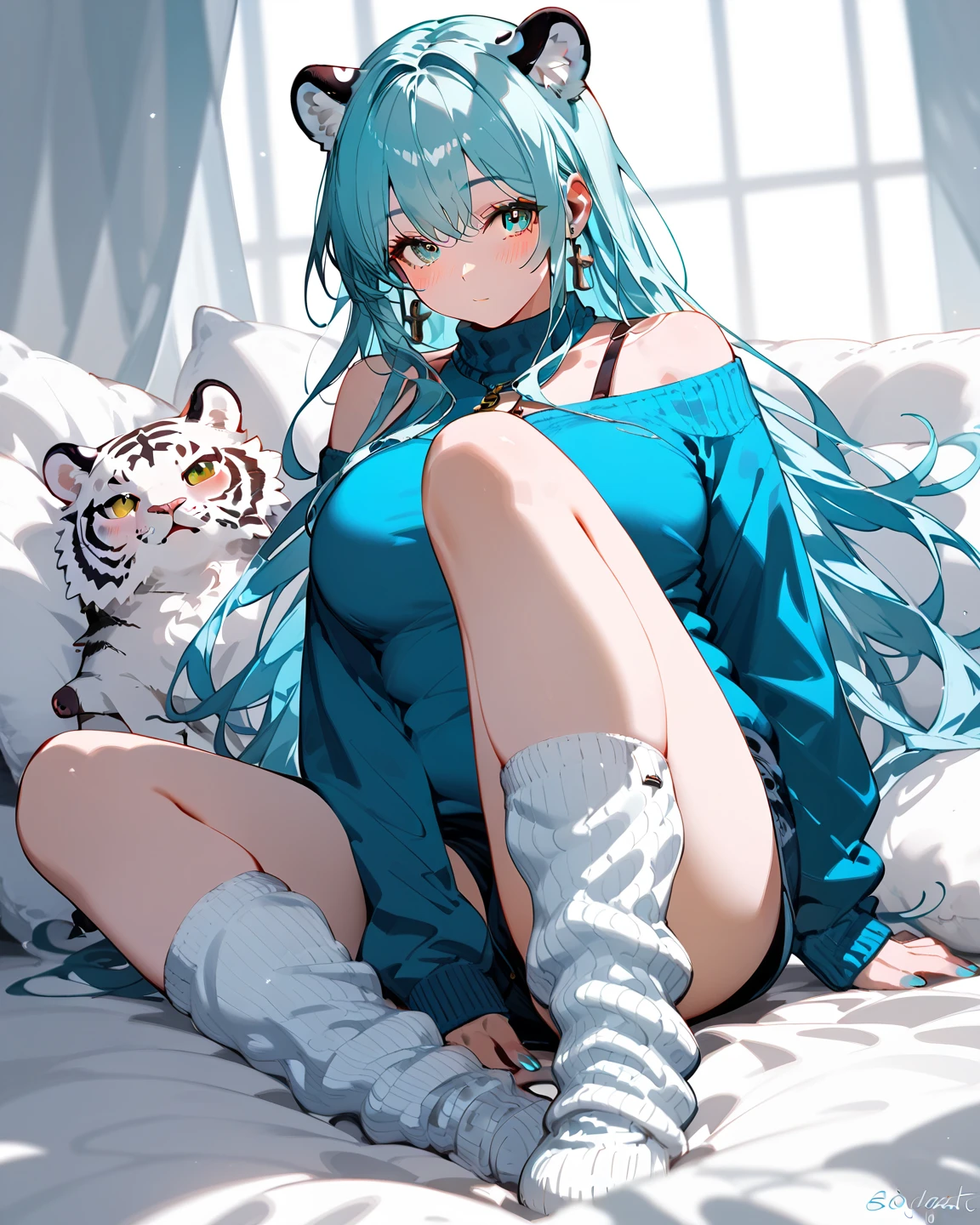 anime cat girl laying on a bed with her legs crossed, anime art wallpaper 8 k, anime art wallpaper 4k, anime art wallpaper 4 k, trending on artstation pixiv, anime style 4 k, anime girl with long gray teal hair, high definition anime art, extremely detailed artgerm, ultra hd anime wallpaper, 4k anime wallpaper, anime wallpaper 4 k, Boobs, Cute!!,