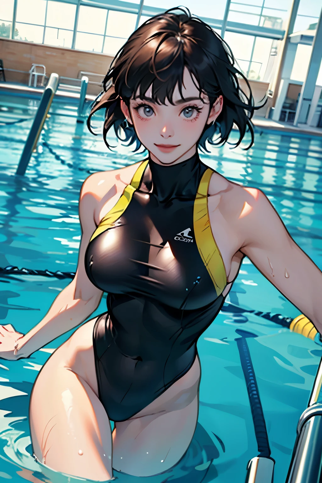 camel toe:1.4、erect nipples、(Sweat)、(vapor)、(((long gloves:1.3)))、brown loafers、black calf length socks、Open your thighs wide to the left and right、Squat on the ground、show off your crotch to the viewer, ((latex competitive swimsuit:1.3、High leg、squat, spread your legs:1.3, arm behind head ))、、absurd、Black Bob、Golden headband、flat lighting、elevation angle、sexy pose、highest quality、Complex、surreal、perspective, very detailed, detailed background, shape、1 girl、alone、big breasts、light smile, embarrassing, blush, ((outdoor poolside)),