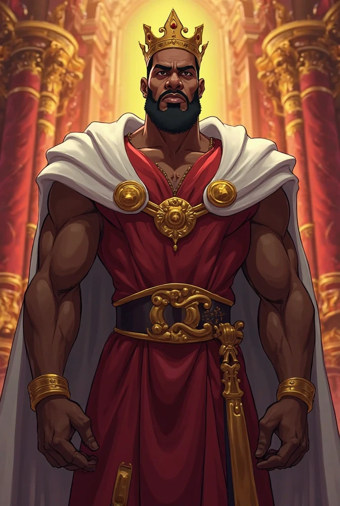 (a african prince ,muscular pectorals and biceps,sitting on a throne,wearing a crown,oil painting,realistic,highres,portrait,vivid colors,warm tones,soft lighting)