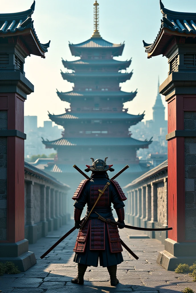 Sitting at the edge of the ship, a samurai ninja with a glowing sword, overlooking the vast sea and beautiful clouds as the dawn breaks. With the perfect balance of light and shadows, the scene is painted in a dreamy glow with an amber color palette. Under an ultra-wide angle and full body shot, the ninja is highlighted by a gentle flare and glowing neon effect, making the whole atmosphere more enchanting and mysterious