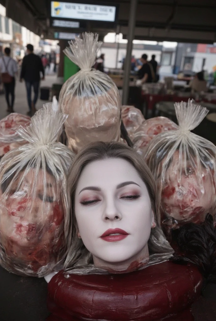 Several decapitated heads of beautiful gwoman, bloody, wrapped plastic bag, on a table, in a public market, full of blood, ((eyes closed)), bleeding, photorealistic, 4K, Nikon, horror, public market, beautiful indonesian face,