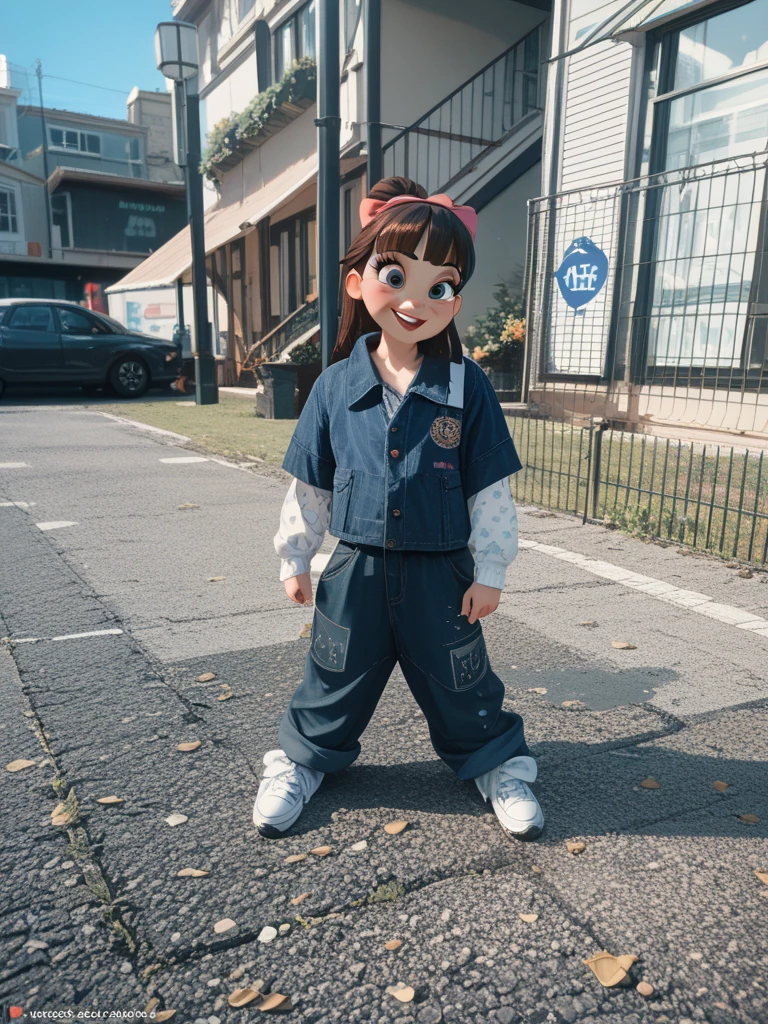 A slightly chubby girl of 3 years old in China， Wear orange overalls，Wear a hard hat， Inside the steel plant，In taking electric welding，Black hair， adolable， with brown eye，by Pixar, tchibi，frontage，Full body portrait