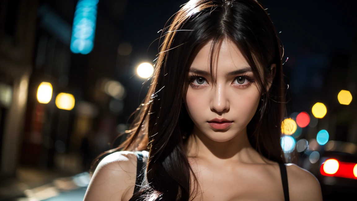 Urban beautiful girl college student, masterpiece, light makeup, red lips, silver hair, messy long hair, street background, beautiful, elegant. super fine details, master works, authentic texture, cinematic lighting realism, perfect job, 16K, hd, exquisite features,blue eyes、japanese idol、Beautiful Face、cute smile、brown hair、beautiful hair、ponytail、glamorous、 big breasts、erect nipples、Oily muscle、shiny skin、tanned skin、Black glowing skin、sexy camisole,T-back, bright big eyes, smooth skin, earrings, necklace, tattoo