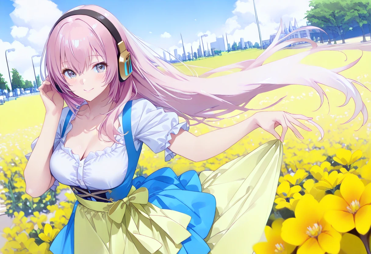1 girl, game CG, white clothes, cleavage visible, shoulders visible, short white skirt, white beret, jewel pendant, black shoes, gigantic breasts, pink hair, long hair, hair up, princess hairstyle, ahoge , pink eyes, smile, open mouth, ropeway, mountain, flower field,