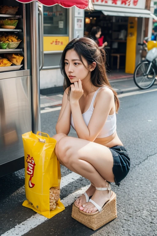 ((best quality, masterpiece, absurbres, super-resolution)), 1girl, potato chips, snacks, messy surrounding, cola bottle,