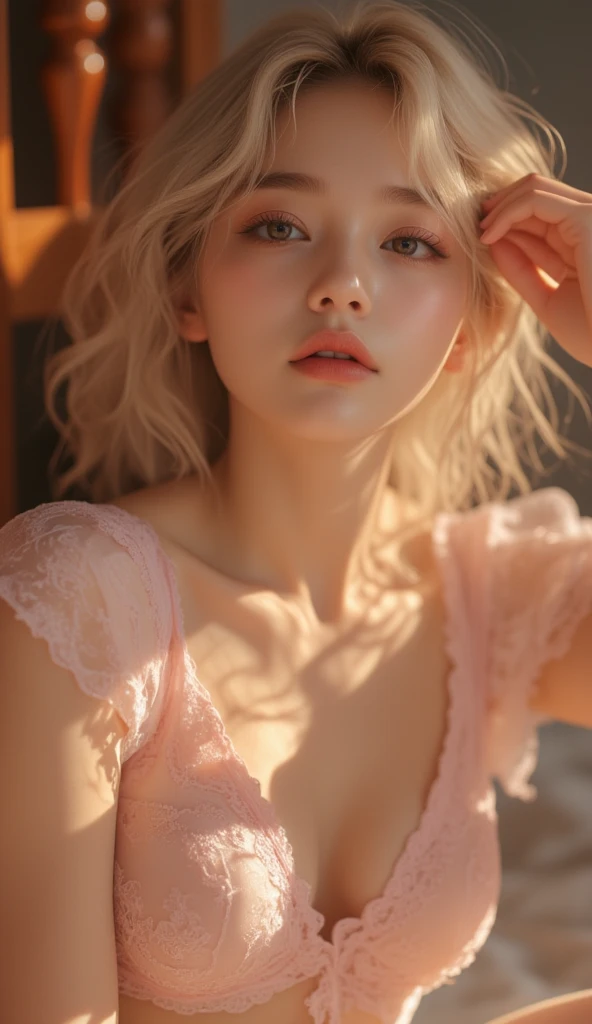 Beautiful Japanese Waifu, early 30s, sliver hair, wearing luxury lace gown, relaxing in bed, sunset out of window 