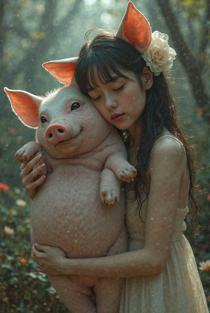This image depicts a young girl with short brown hair wearing a pink outfit with a white sash, standing next to a large pig. The pig has a tag attached to its ear and appears to be in a pen or enclosure. The background features an intricate and colorful nighttime scene with buildings illuminated by various lights and lanterns, creating a lively and somewhat mysterious atmosphere. The girl's expression is one of concern or contemplation as she looks away from the viewer, while the pig stands quietly beside her.
