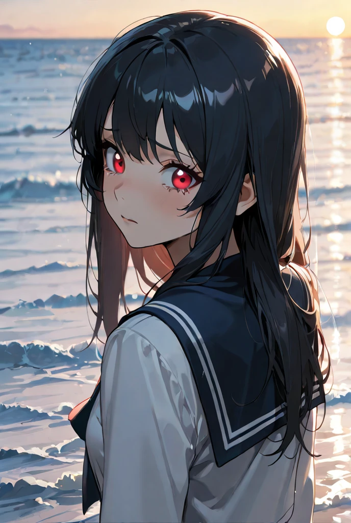anime style image , 20 year old vampire woman, long straight black hair, red eyes, dressed in a dressed in a sailor dress, on a boat looking at the sea