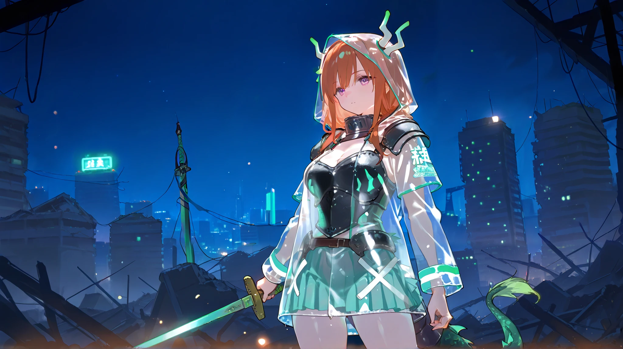 1 girl, masterpiece, neon lights, Night , battlefield, Ruins, cityscape of Shumigaoka, cowboy shooting, Transparent Holographic Clothing, transparent raincoat, dragon horns, Machine Tail , MECHAMESUME, language, sword that looks like armor, Massive Weapons, Fin Funnel , pose, Shine, dark,