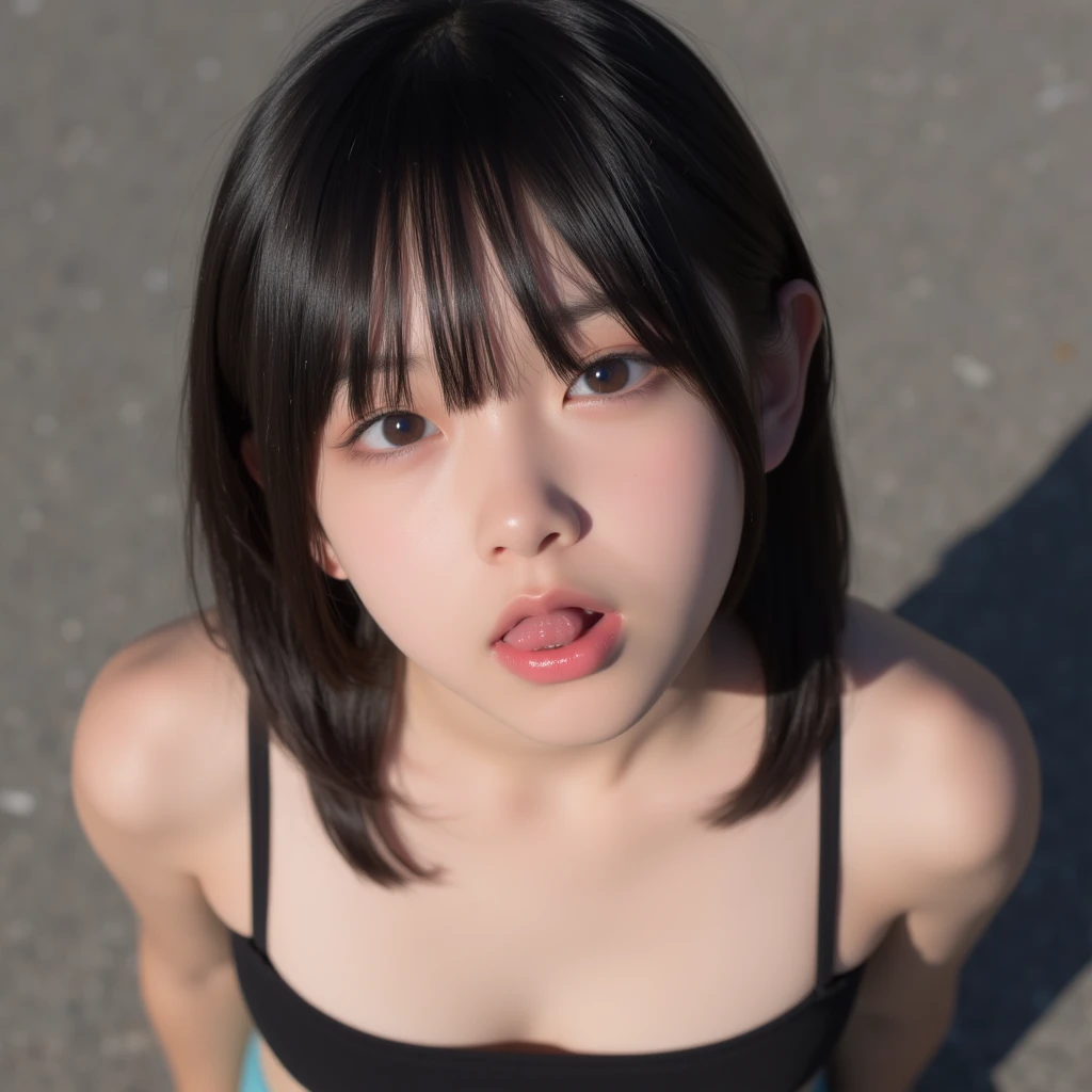 triangle-bikini,(open mouth:1.5),(tongue out:2),Kneeling,Hands between legs,Collar with leash,front view,face focus,from above(1girl,Beautiful 14 year old girl,teenager),((Slender,Small breasts,Small face,)),(looking at viewer),Black Hair,bangs,straight,Beautiful and detailed,Pool