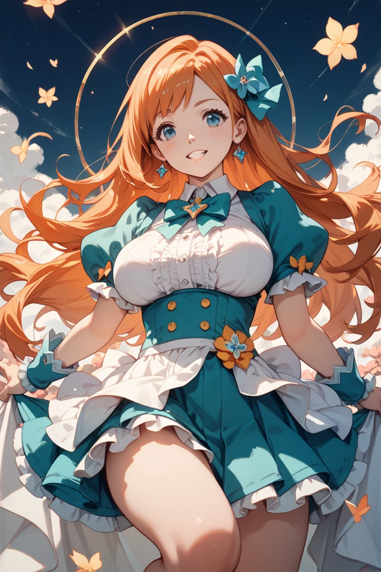 1girl, solo, masterpiece, best quality, detailed, narrow waist, wide hips, huge breasts, huge ass, score_9, score_8_up, score_7_up, shinobu oshino, long hair, summer dress, wind, cleavage, hat