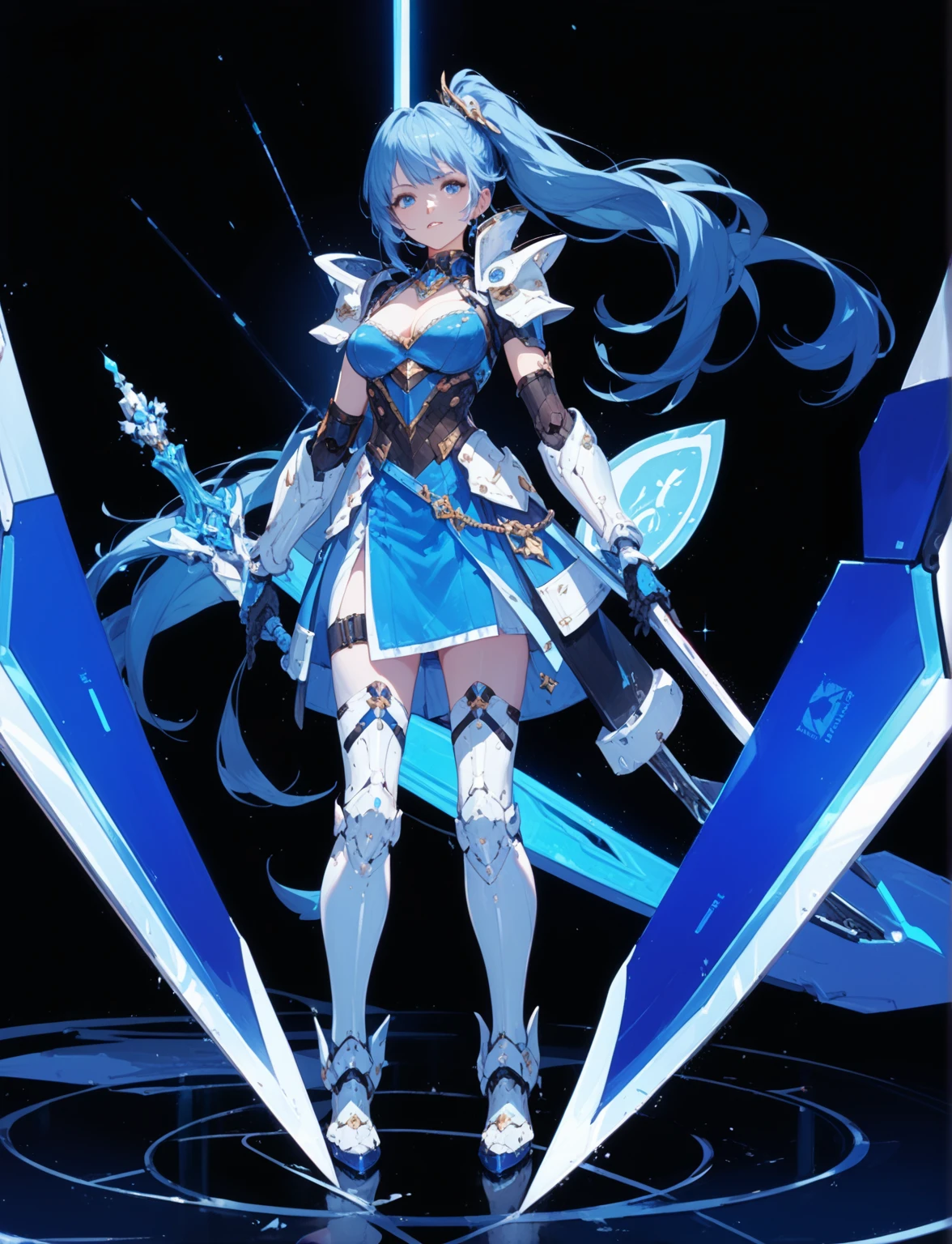 A photo of Princess Zelda from a full body shot, short Blue hair, blue eyes, dressed as a Ninja in black+neon blue with a black mask and hood with blue details, XL bust, holding a sword ice, emanating icy energy around your body. Background: gruesome cemetery at night with snow. Mortal Kombat, Unreal Engine 5, Anime, Anime style, Masterpiece, Well drawn eyes, well drawn face, well detailed eyes, well detailed face, 8k, light and shadow effect.