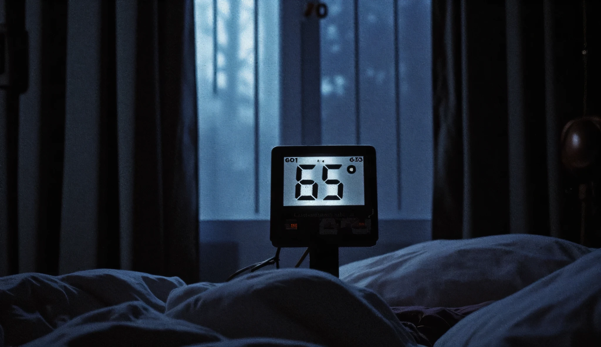 A thermometer showing 65°F, with blackout curtains drawn.