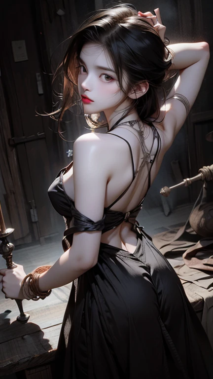((full shot))((full shot photo))photo of sexy (Style-Autumn, ) woman walking (A dark, mysterious forest with twisted branches and creeping vines),
blonde hair, very long hair;1.5, hair between eyes, blue eyes, bangs, collarbone, (from behind back turned Looking at viewer over shoulder, small waist, medium hips, medium perfect ass,focus on lower body:1.5), mature female,
masterpiece, photorealistic highly detailed 8k raw photo, volumetric lighting, volumetric shadows in a <lora:Garter000000dsr50:1>(dsr50red, ahoge, china dress, cleavage cutout, hair rings),black stilletto shoes, tiarra