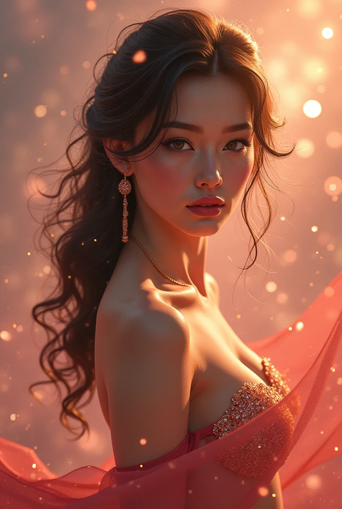 Enchanted Radiance: Picture a mesmerizing woman whose entire skin is crafted from flawless rubies. Her complexion glows with an inner fire, creating a dazzling spectacle as she moves. Each step sends ripples of crimson and scarlet across her body, casting a warm, enchanting light that mesmerizes everyone in her presence. Her hair cascades in waves of dark, luxurious silk, contrasting with the fiery brilliance of her gemstone skin.