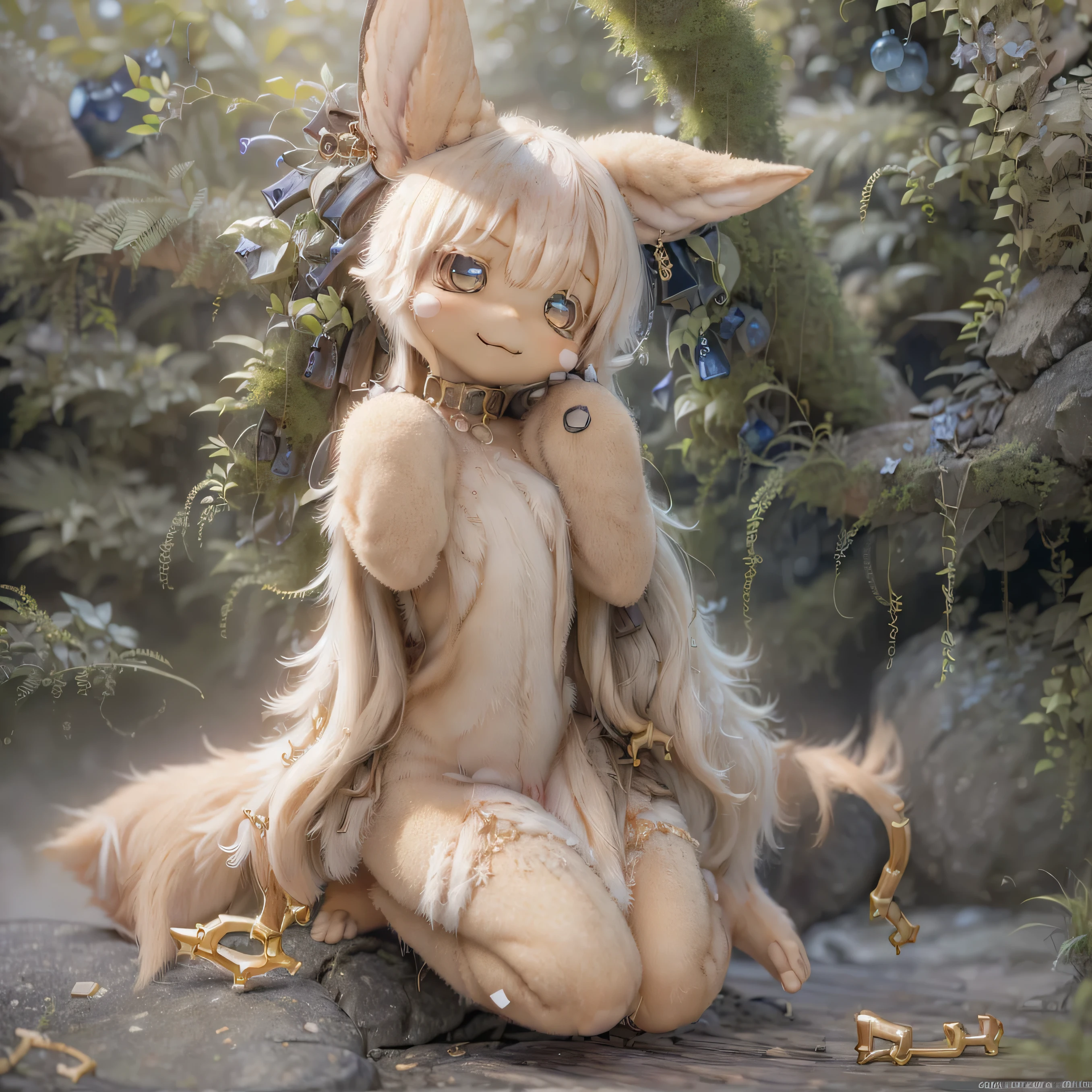 , smile, Photorealistic rendering with a warm and bright atmosphere . Similar to a forest setting , it combines , beautiful eyes and lips . ((( Photorealistic rendering similar to the character style of Chibi ,))) . The image quality is excellent , Illumination highly detailed and realistic features that create a warm and bright atmosphere . The medium of this work is、 I created an illustration .. The colors are vivid、 illumination、 made in Abyss 、use 。 Full Body((((( naked ))))) Sexy Poses long ears