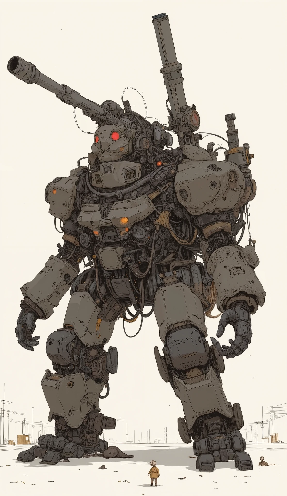 light gray background 、The robot is heavily armored and、has a tank turret on top, treads for mobility, and a number of mechanical parts that I whimsically explain. The picture is signed "is labeled Tread Formability" 、"CROMWEL CATSO." The background is plain off-white with, military yet playful design. short legs、Equipped with a large rifle、Overall, the atmosphere of the images is imaginative, Military Aesthetics、big backpack、