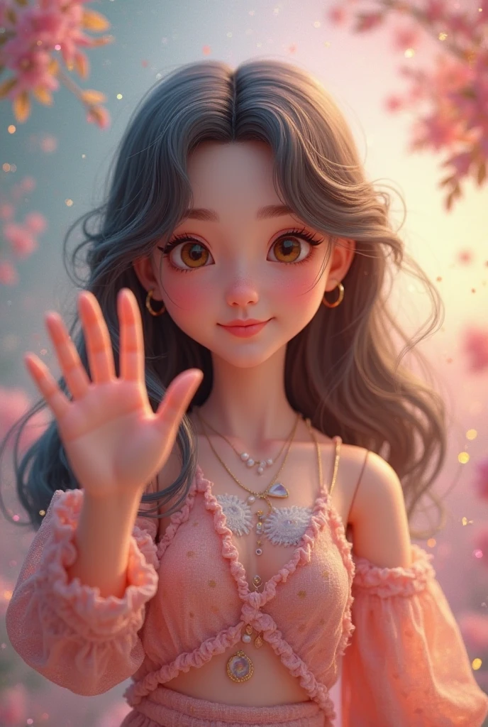 masterpiece、top-quality、ultra-detailliert、(female, 29 yrs old, asian white skin tone, black long hair, brown eyes, hugging a bouquet of blue roses, A smile,Full-body standing figure,Glitter, wearing a blue hoodie with cat ears, and jeans,Pixar style super cute, standing, charming big eyes, surreal, super fine, super detailed, illusory engine, 8k, Smile face. Blind box figures.