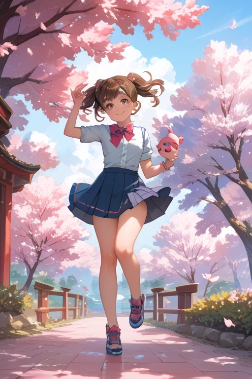 Photoreal、octane render、Morning park、Chibi girl dancing with teddy bear、girl has bun hair、smile