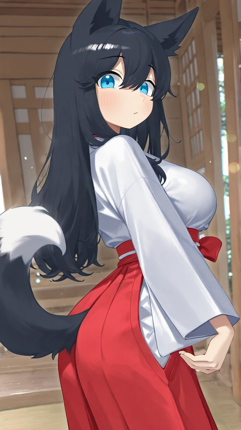 (Front Focus),(In the Dark:1.6), (Masterpiece, of the highest quality, best, Official art, Beautiful and aesthetic:1.2), game cg, Highly detailed and realistic CG, Colorful, Masterpiece, Best Quality, jewel-like eyes, 1girl, young, 16 years old, glamour, solo, black hair, very long hair, straight hair, Japanese miko suit, black mini skirt, layered skirts, glowing eyes, star-shaped pupils, smug, smirk, open mouth, black tights, skinny legs, jig eyes, round breasts, large breasts, (white covered breast:1.2), breast focus, ruby red eyes, contrapposto, hands on hip, bokeh, slender, (black skin:1.0), (dark skin:1.5), fox ears, fox tails, fur, from POV, black ribbon, ( strike_witches , world witches series , brave witches , noble witches),