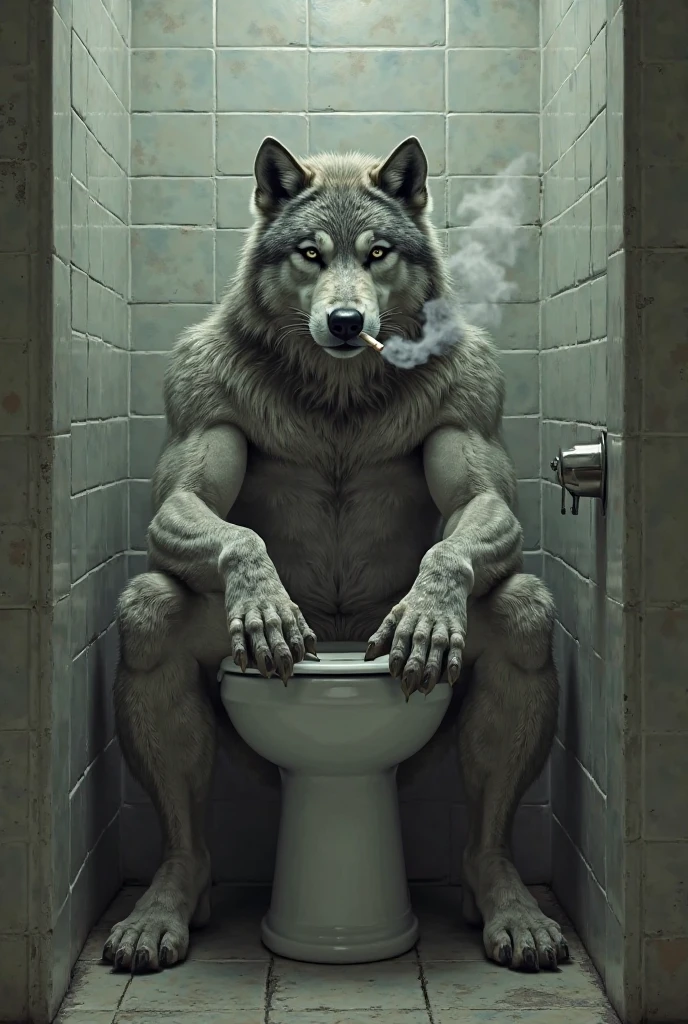 Fluffy brown wolf、Sitting on the toilet pose、Long, narrow eyeuddy toilet bowl、Wolf sitting on toilet、The crotch is hidden by the toilet、Both hands touching the crotch、Muddy toilet bowl、Very distressed face、Hairless head、Full body wolf fur、Completely naked、Abnormally large muscles、Ruined Background、Slum background、Dilapidated wooden hut、Fluffy, long body hair、Long brown hair all over the body、Ruby-colored eyes、Very long and profuse armpit hair、Very long pubic hair、Navel hair、Wolf's Tail、Sharp Claws、A composition that captures the whole body、Drenched tongue