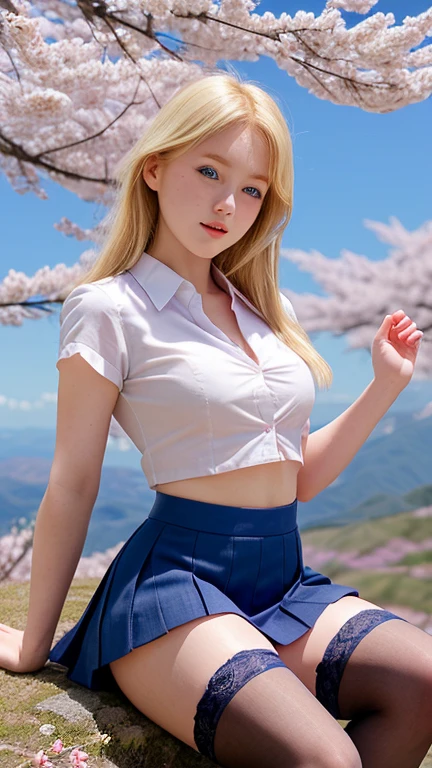 NSFW, 8K Raw photograph, best qualtiy, tmasterpiece, 超高分辨率, filmgrain, cinematic ligh, 1girll, looking at viewert, Natural skin texture, Realistic Eyes and Face Details, full pouty lips, lipsticks, (putting makeup on), Red eyeshadow,long whitr hair, messy hair, ssmile, beautifullegs, Tall women, being thin, Slim_Legs, 独奏, gigantic cleavage breasts,Exposed breasts, Superskirt, hindquarters, The shirt, Beautiful natural location, There are flowers around, (detailedbackground), Plaid skirts, white shirt, Show a little through the shirt, Loafer shoes, vague background, bblurry, halter, tartan, short- sleeved, Blonde hair, bangle, Eau, By bangs, jewely, parted lip, cparted lips, From the side Side, Pleated skirt in blue color, depth of fields ,and wear no underwear --auto