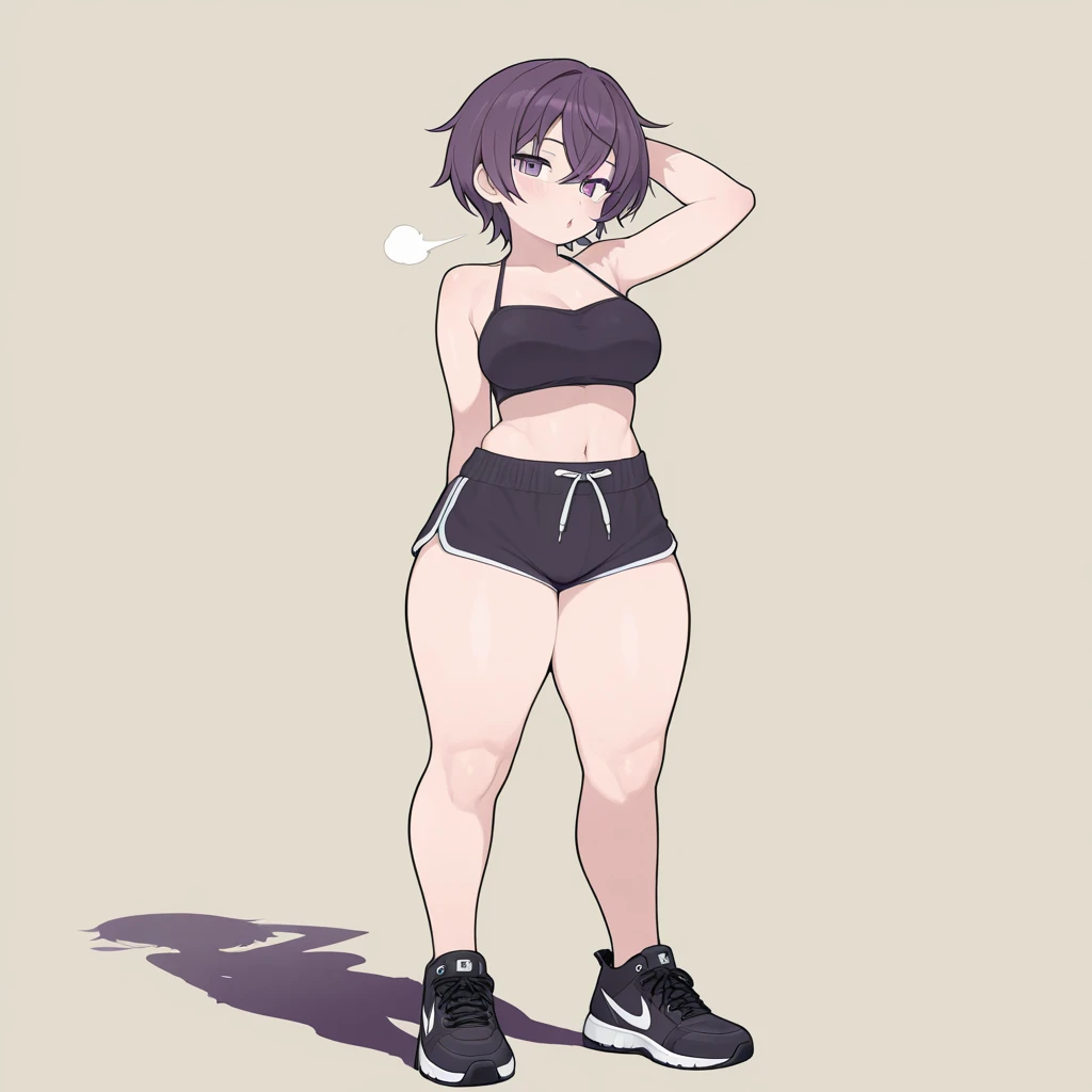 1 girl, anime style, linear, black and white, doing squats, bikini, muscular, defined abdomen, beautiful thighs, large thighs, wide thighs, tomboy, short black hair, sports girl, sprite sheet, moviment