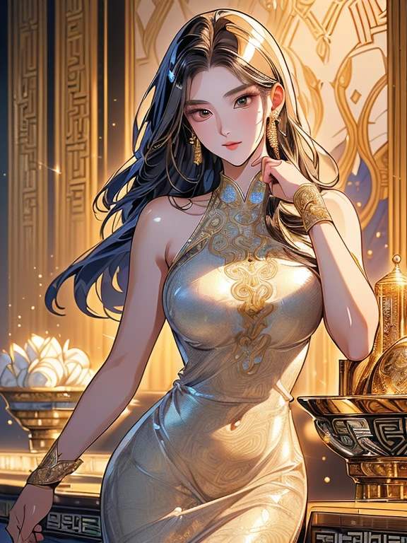 ((highest quality)),(ultra high resolution),(Super detailed),(detailed description),((best CG)),(best work of art),super precision art,amazing drawing art,(Art with precise details:1.5), (1 woman:1.5),(beautiful and well-shaped face:1.6),(A detailed and detailed cheongsam dress:1.6,peacock embroidery)