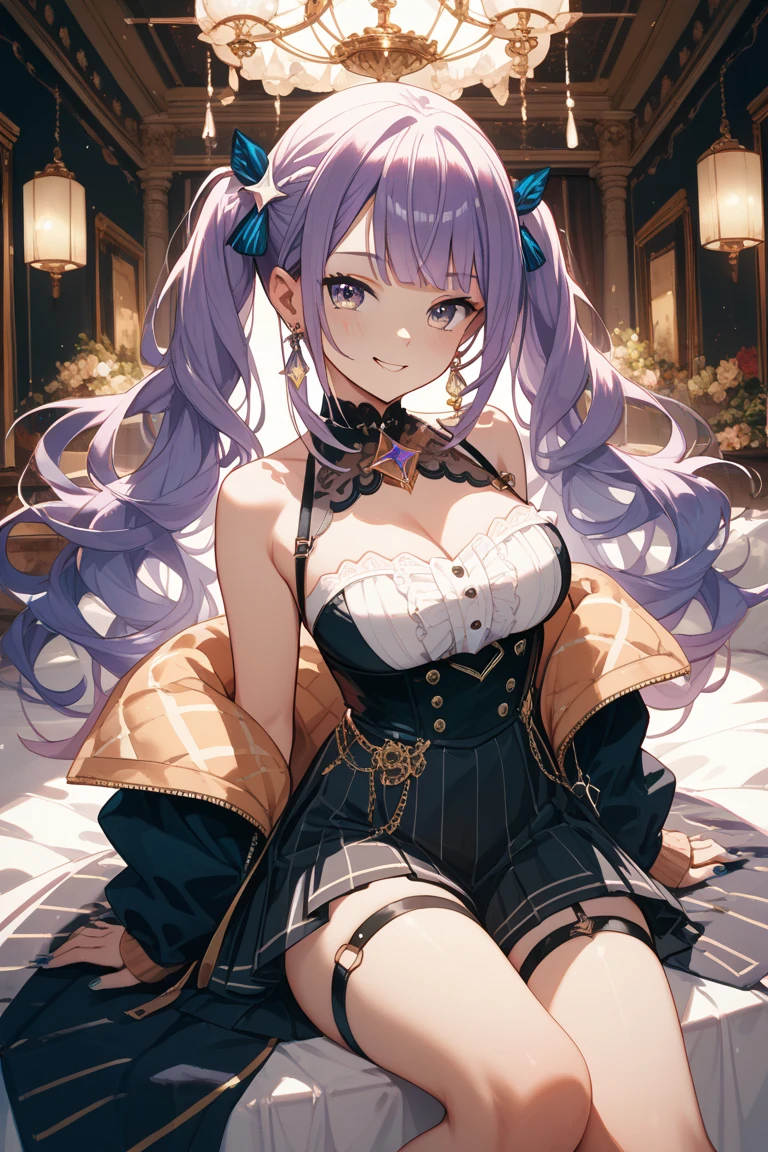(top-quality、masterpiece、high-level image quality、Super delicate)、((a beauty girl))、(Smooth ash gray gradation hair)、(Elegant woman with curly braids'Medium bob、Long bangs)、(Brainwashed, Red eyes in the sky)、a choker、Moderately large breasts、((purple and white fairy tale dress))、((srestrained))、she is a doll、Cuffed、chains、heart black headphones、 ((Brainwashing hypnosis))、marionette、Sitting on a chair