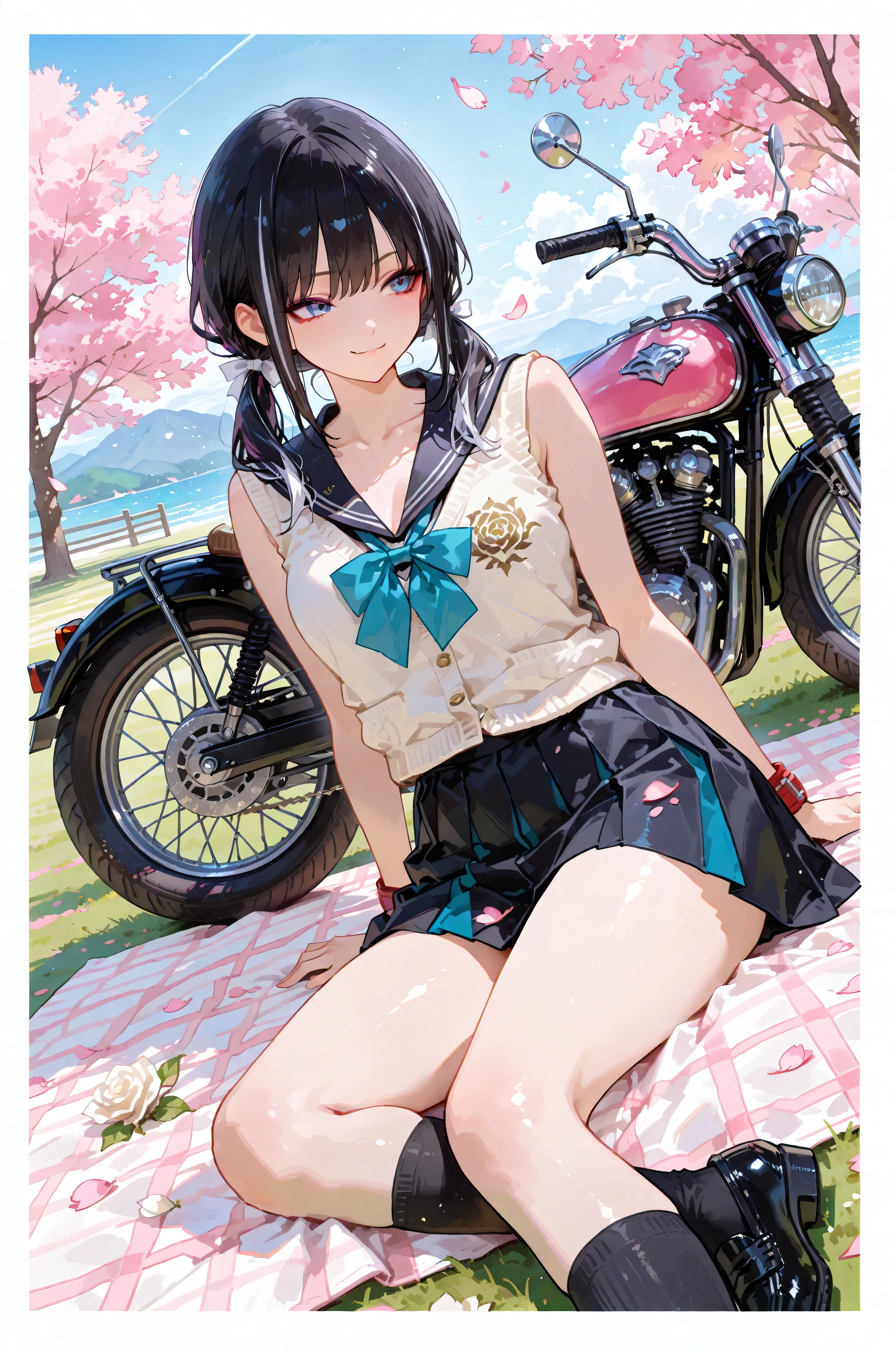 A lone female Saiyan warrior, framed in a cowboy shot angle, rests under cherry blossoms during a picnic, her side profile striking as she sits beside her refined Harley-Davidson, its matte black body with chrome accents humming with quiet power beneath the blooming canopy. Her long, jet-black twin tails ripple with faint white highlights, ribbons swaying softly in the spring breeze, while her blue eyes shimmer with quiet hope, her smile radiating resilience. She’s clad in a refined school uniform: a white cardigan adorned with rose embroidery, a black sleeveless collared shirt exposing her shoulders and collarbone, and a black A-line skirt that flutters gently but stays modestly in place, accentuating her graceful thighs with knee-high black socks and loafers. One hand flashes a peace sign, the other rests on the picnic blanket near her bike, as a sword bound to its side reflects the sunrise filtering through the pink blossoms. Cherry petals drift down onto the spread, mingling with white roses scattered around, hinting at a peaceful rebirth from war. Her knight-like aura glows against a minimal white background, rendered in watercolor subtlety (0.4) and pastel richness (0.6).